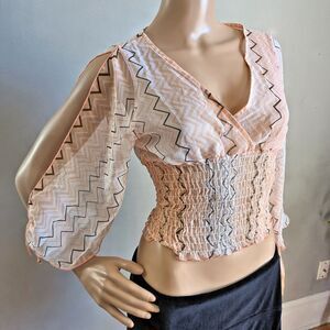 Vintage Y2K Q&A Cropped Top Semi-Sheer Shirred Zig Zag Boho Size Large